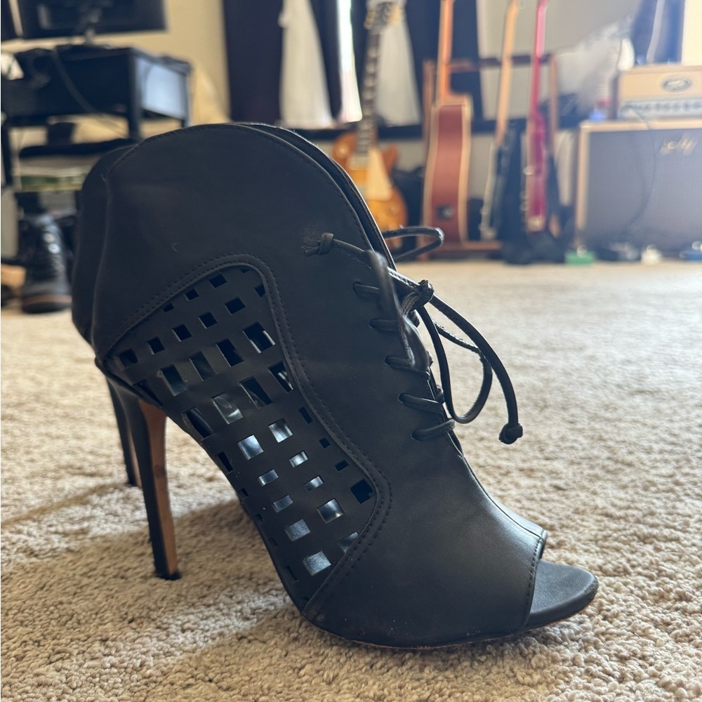 bebe Black Lace-Up Peep-Toe Heels